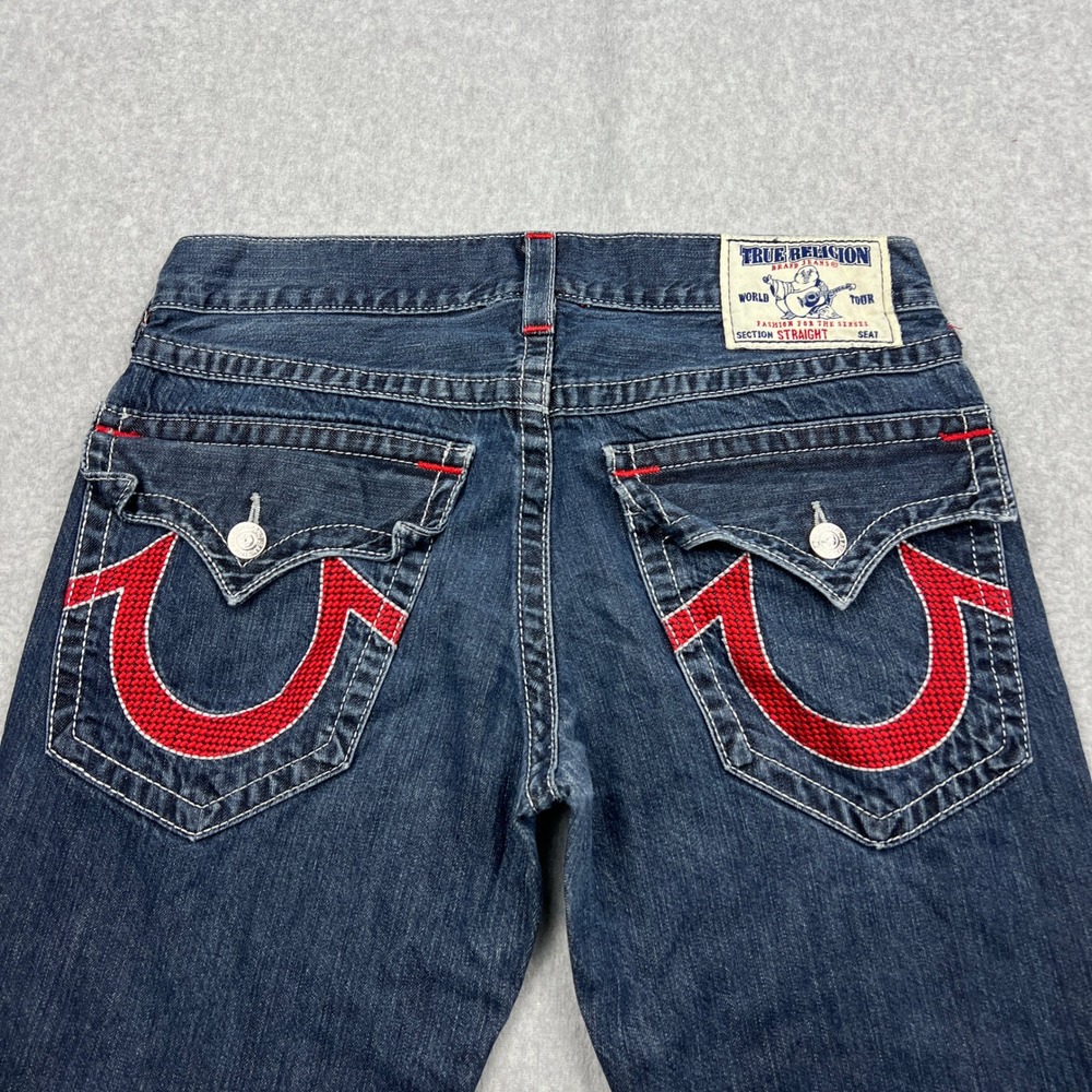 True Religion Straight Jeans Mens 33‎ Blue Red Horseshoe Stitch Flap Pocket USA
